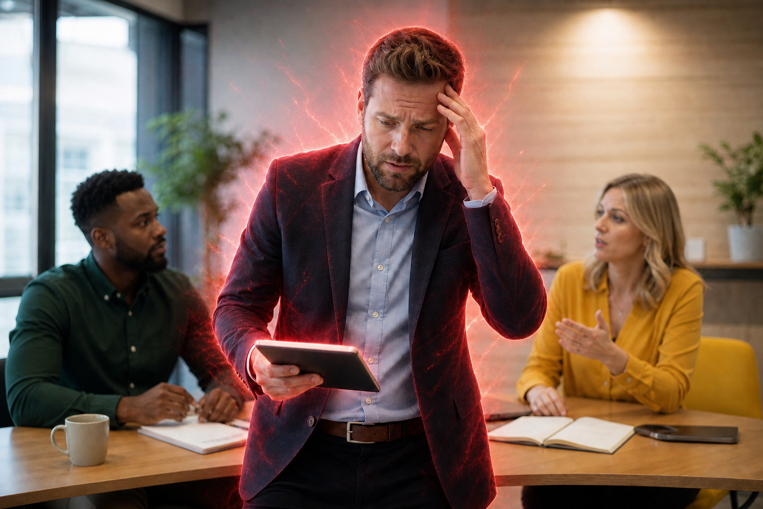 Sales Manager with Red Energy Struggling Against Green and Yellow Energy Teammat-1